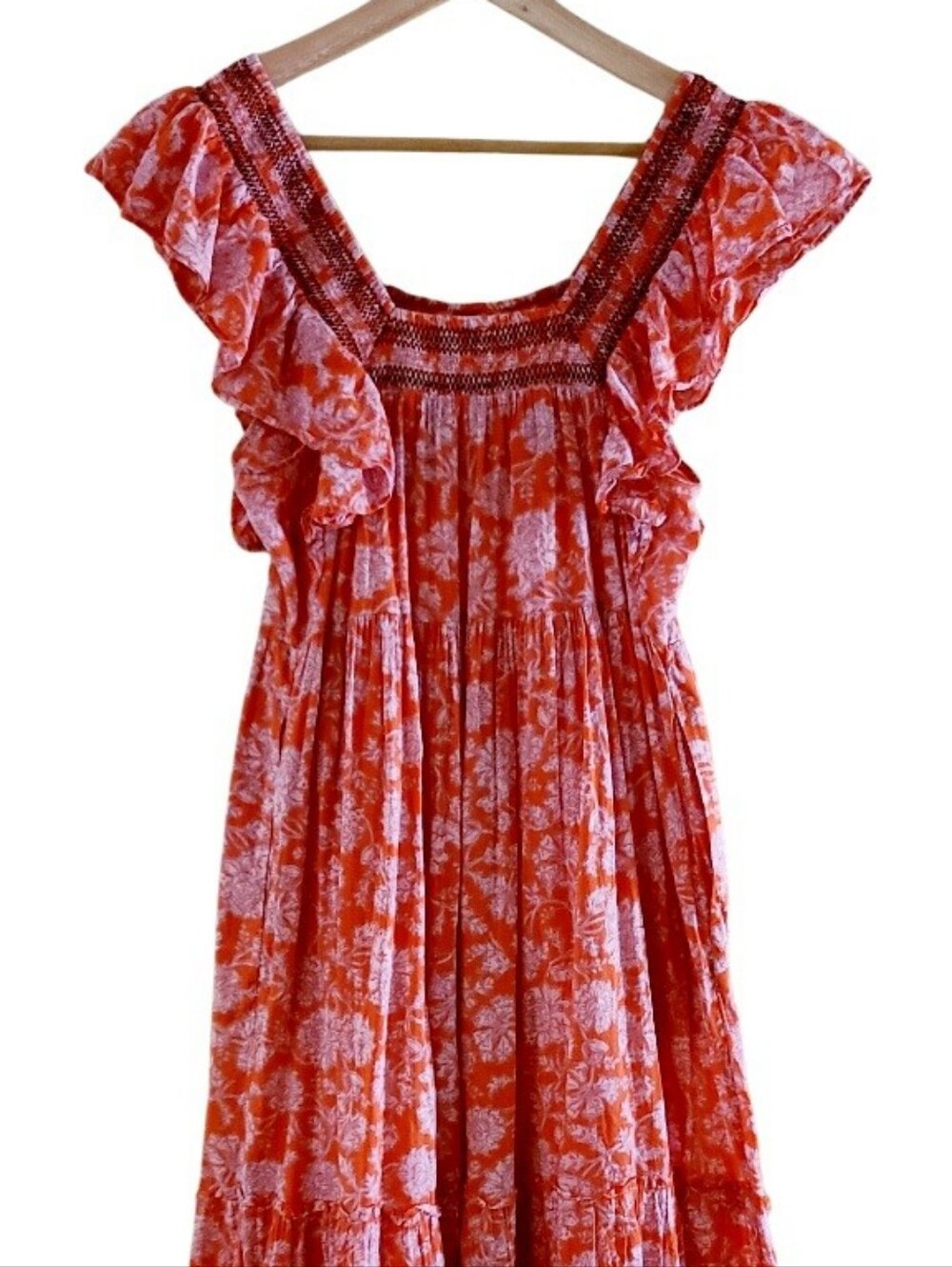 Free People Bonita Printed Midi Dress Coral Floral 100% Cotton Pockets Bohemian - Picture 13 of 17
